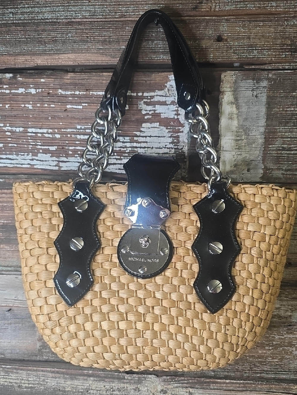 Michael Kors Tan Woven Tote with Black Patent Trim and Silver Hardware